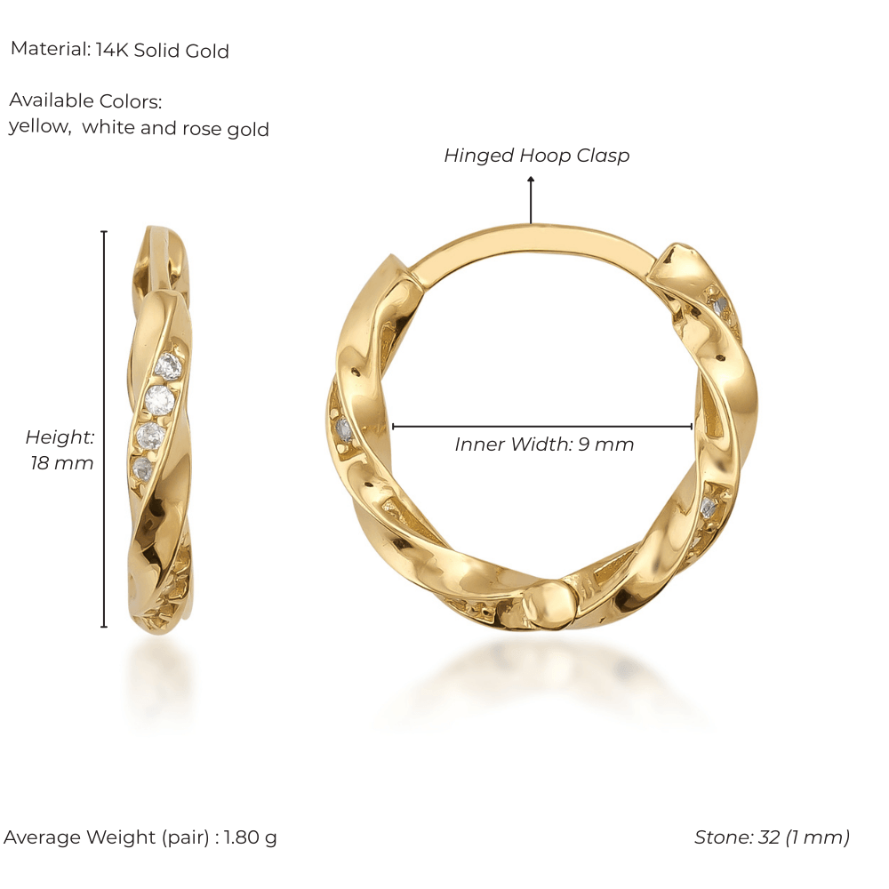 14K solid gold twisted hoop earring with round diamonds, hinged clasp, 18mm height