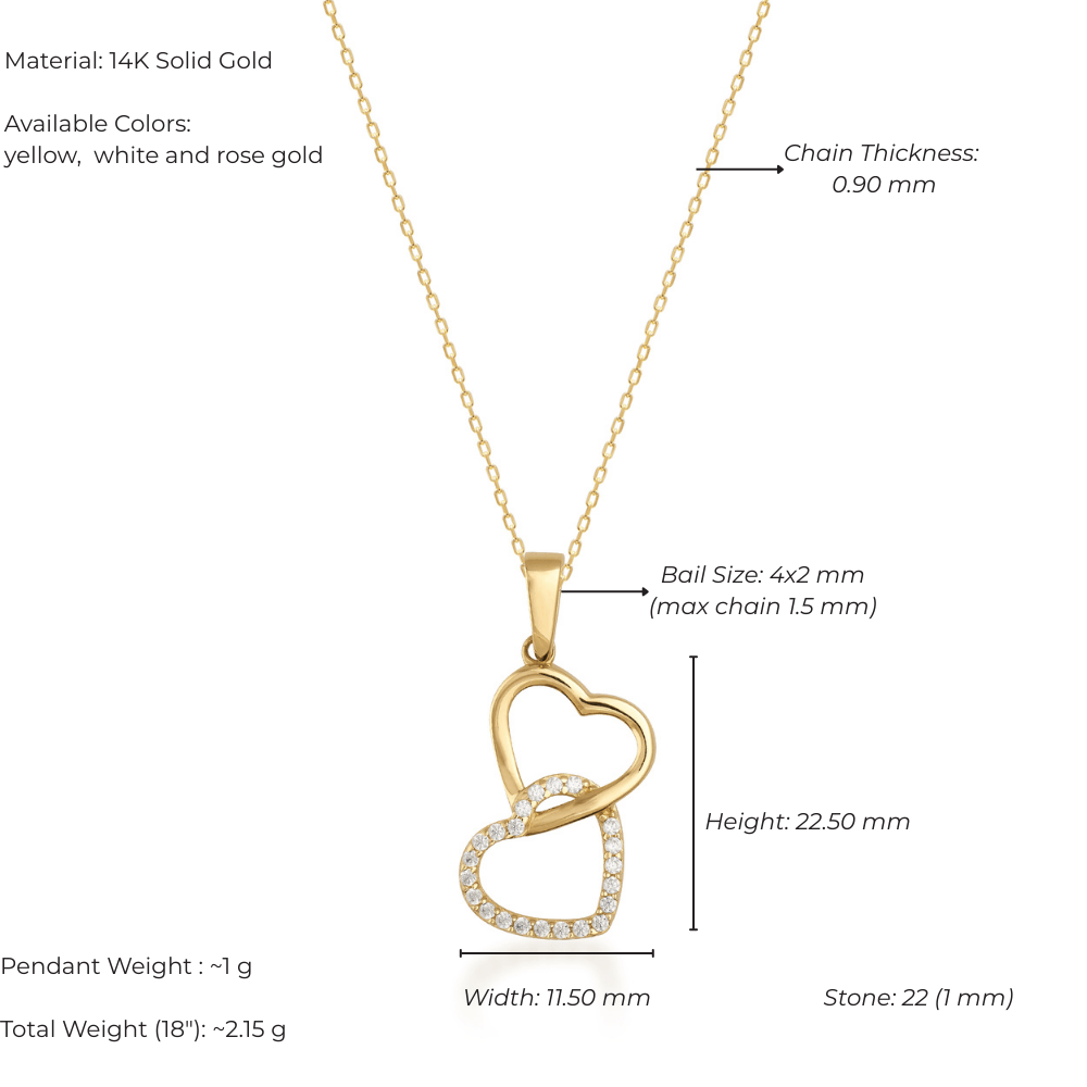 14K gold necklace with interlocking double heart pendant, pavé stones, and fine chain