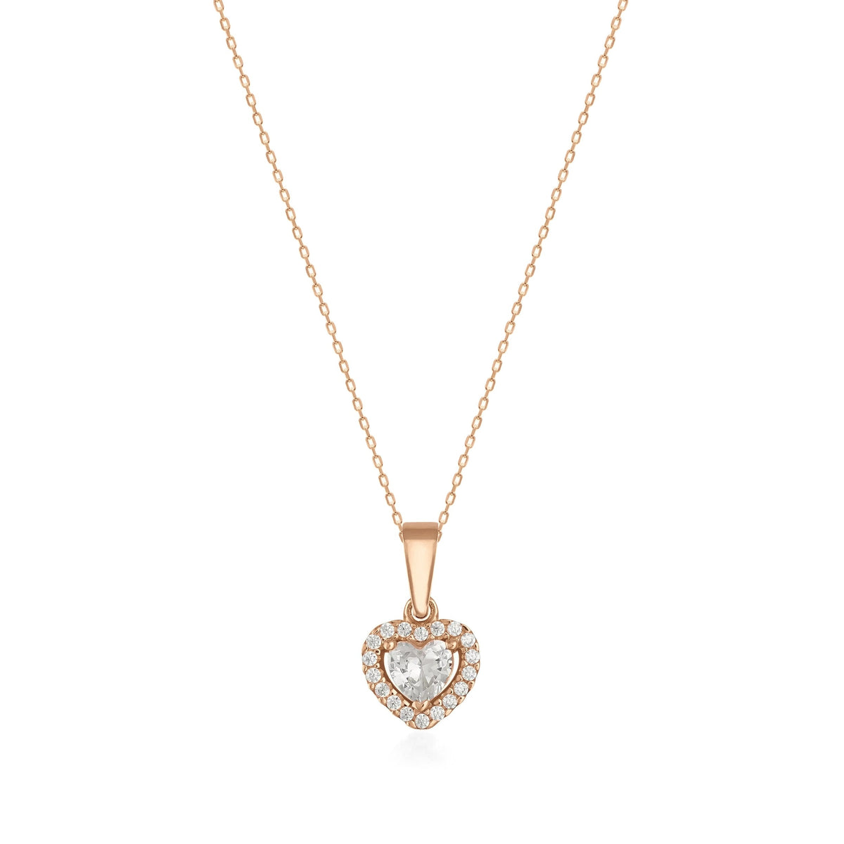 14K gold necklace with a heart-shaped cubic zirconia and halo pendant on a fine chain