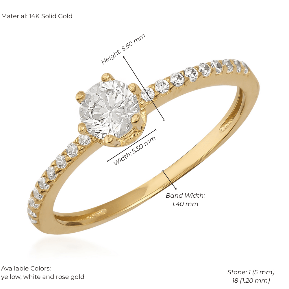 14K gold vintage engagement ring with round center stone, diamond accents, and measurement details