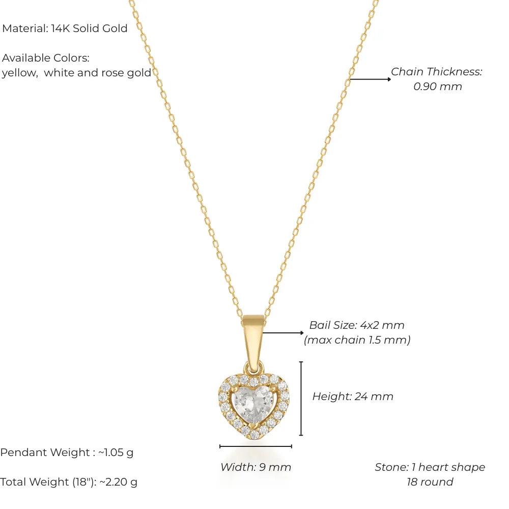 14k gold heart pendant necklace with round accent stones and fine chain, jewelry detail guide