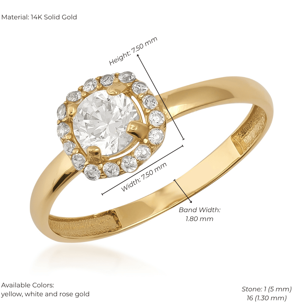 14k gold vintage round ring with central 5mm gemstone, halo of small stones, slim band