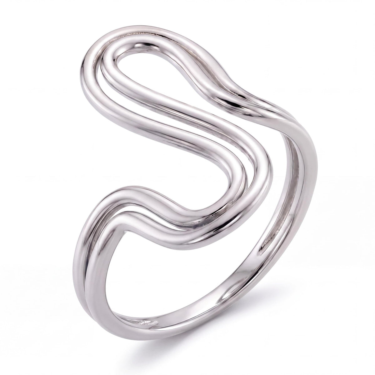 14K white gold wave ring with an open S-shaped double-line wave, on white
