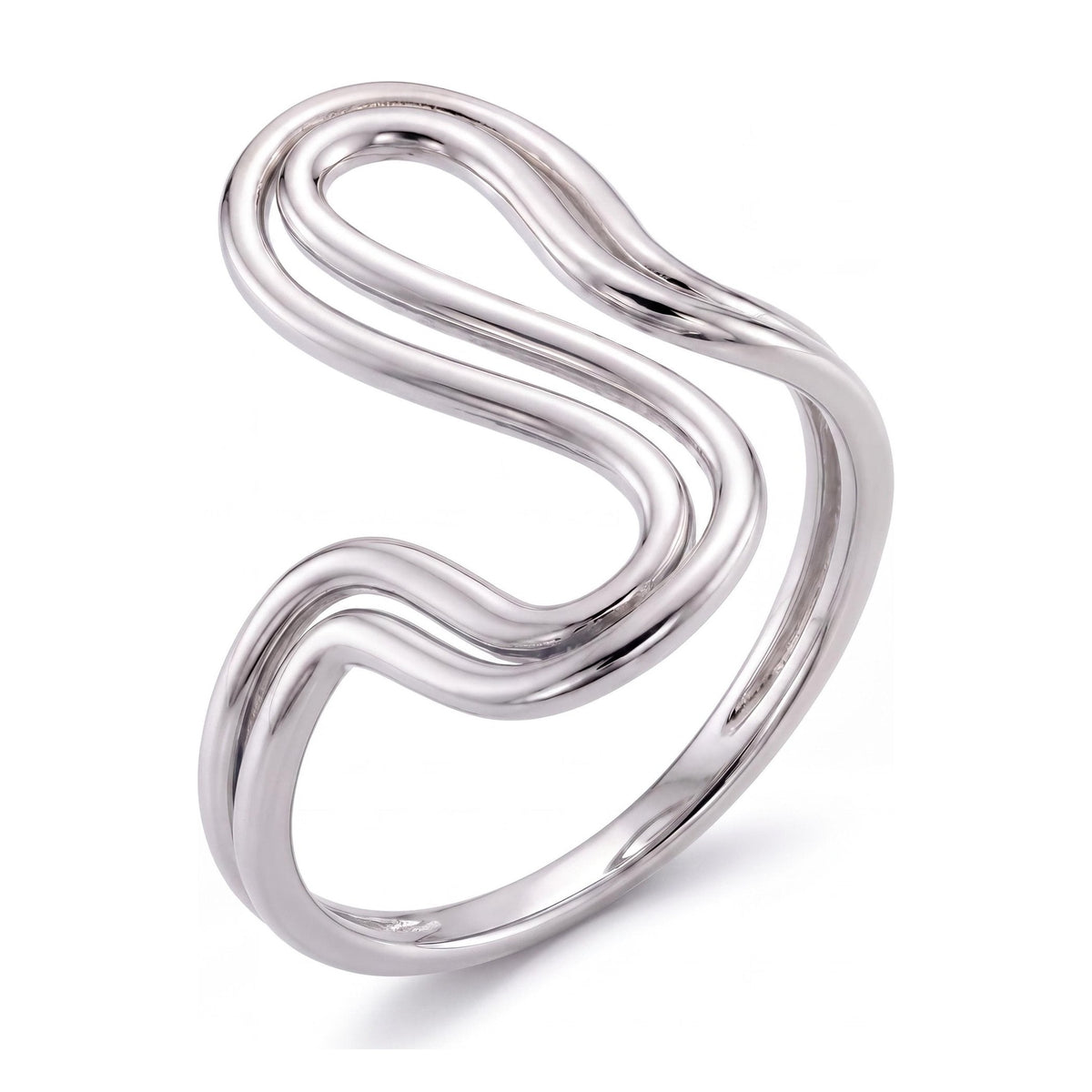 14K white gold wave ring with an open S-shaped double-line wave, on white