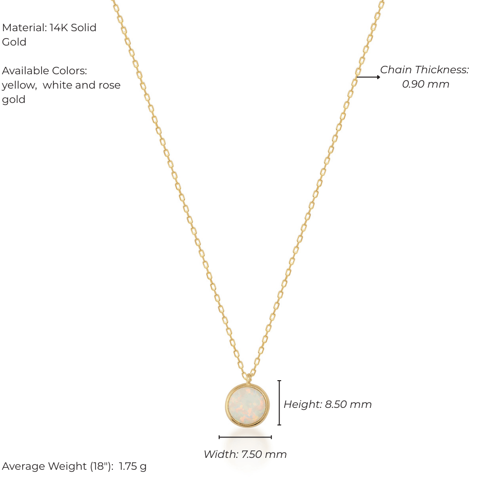 14K solid gold necklace with opal-look round pendant and delicate gold chain