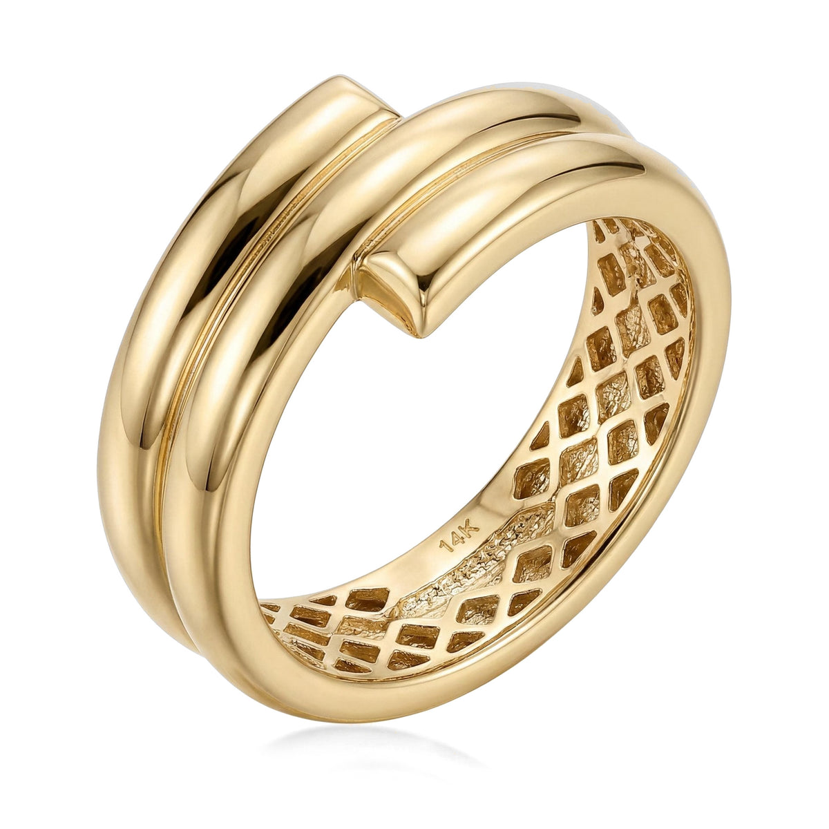 14K yellow gold wide band ring, three-row wrap design with overlapping ends and a lattice interior, on white