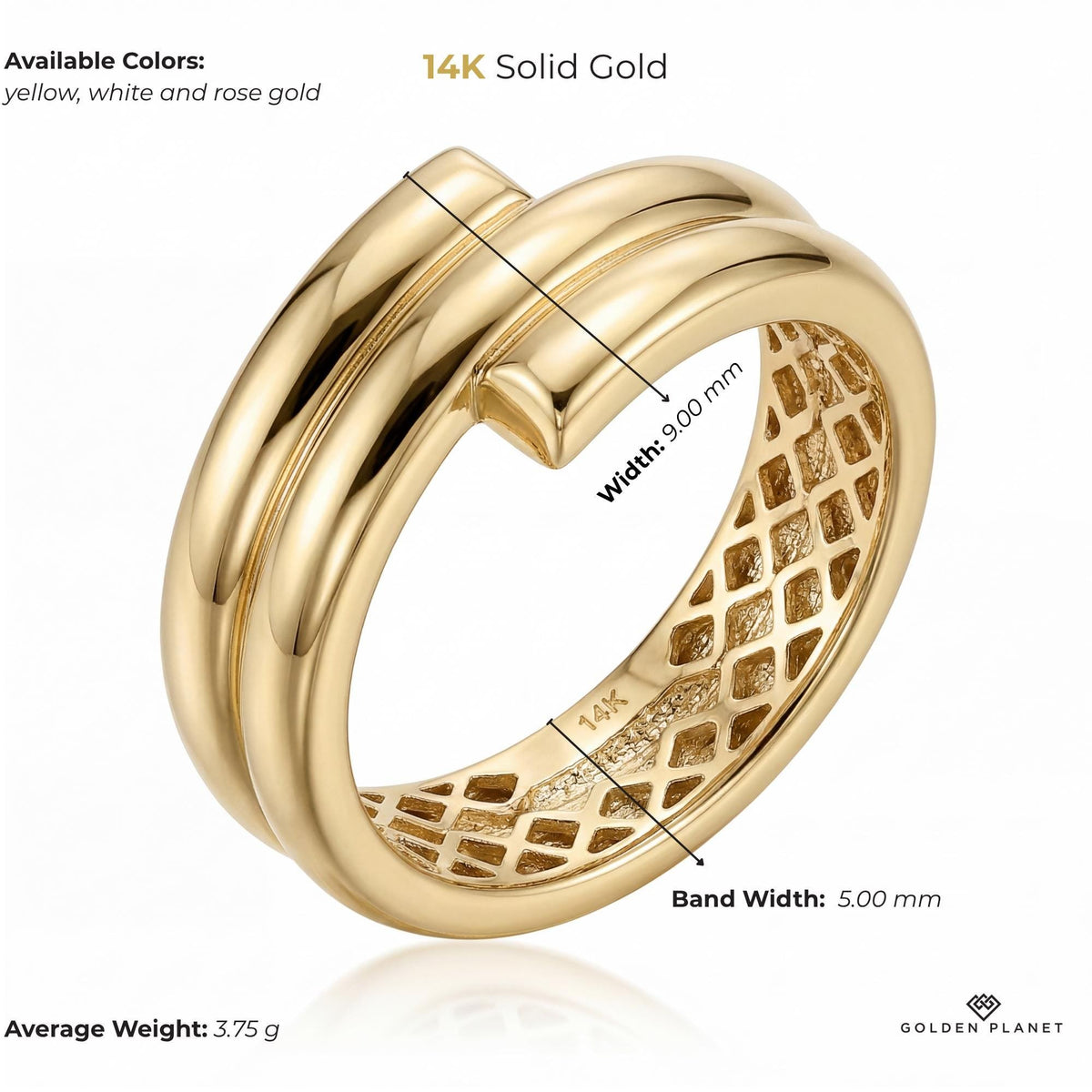 Product info graphic for 14K gold wide band ring, size and weight guide