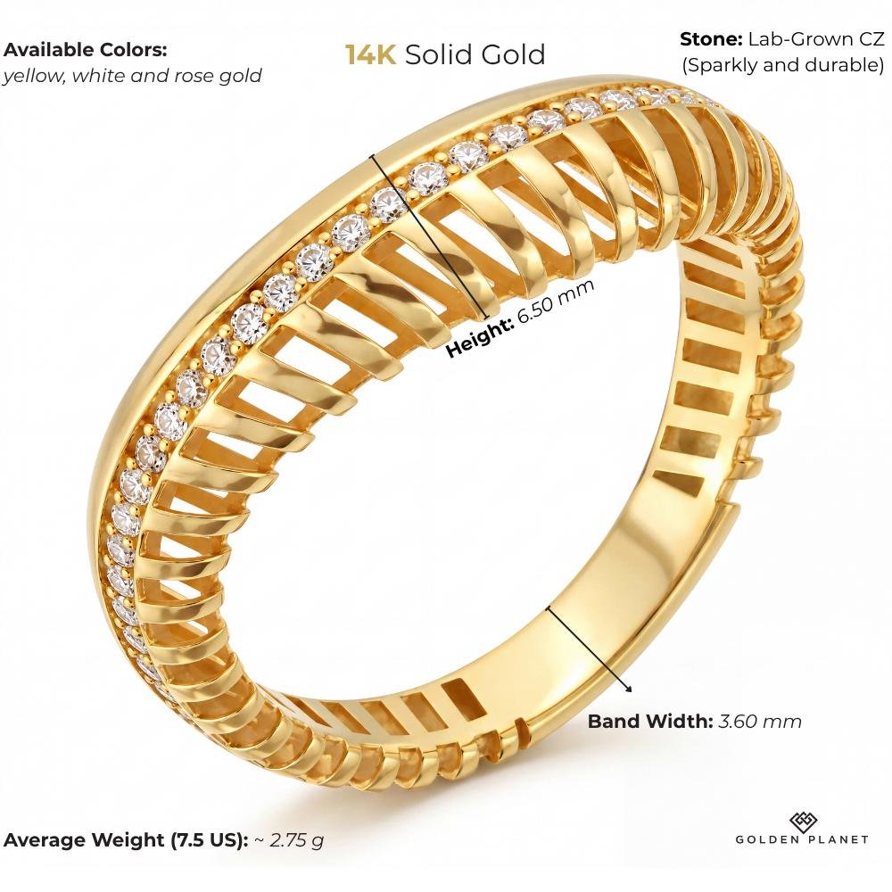 Size chart for the 14K gold wide band ring showing size and weight