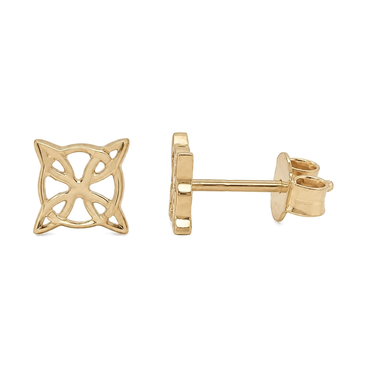 Yellow 14K gold witch knot stud earrings, front view and side view showing post and butterfly back