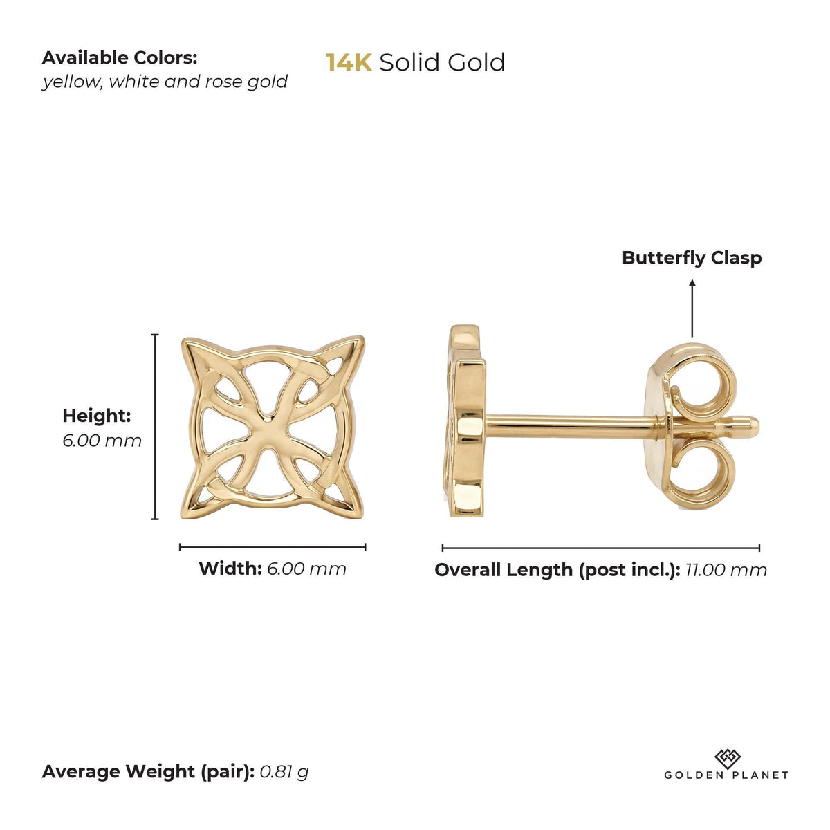 Size chart for the 14K gold witch knot stud earrings showing available colors, earring face, overall length, closure