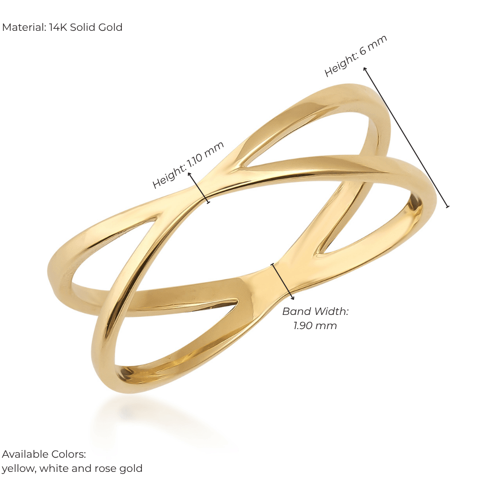 14k solid gold crossover ring with open X design, high polish finish, jewelry product photo