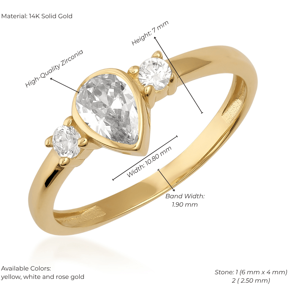 14K solid gold vintage ring with pear-cut zirconia and two round accent stones