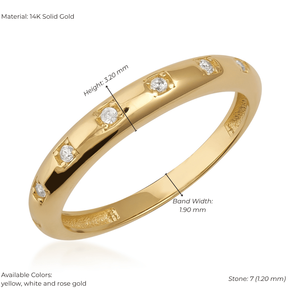14K gold zirconia band ring with seven round stones and a polished finish