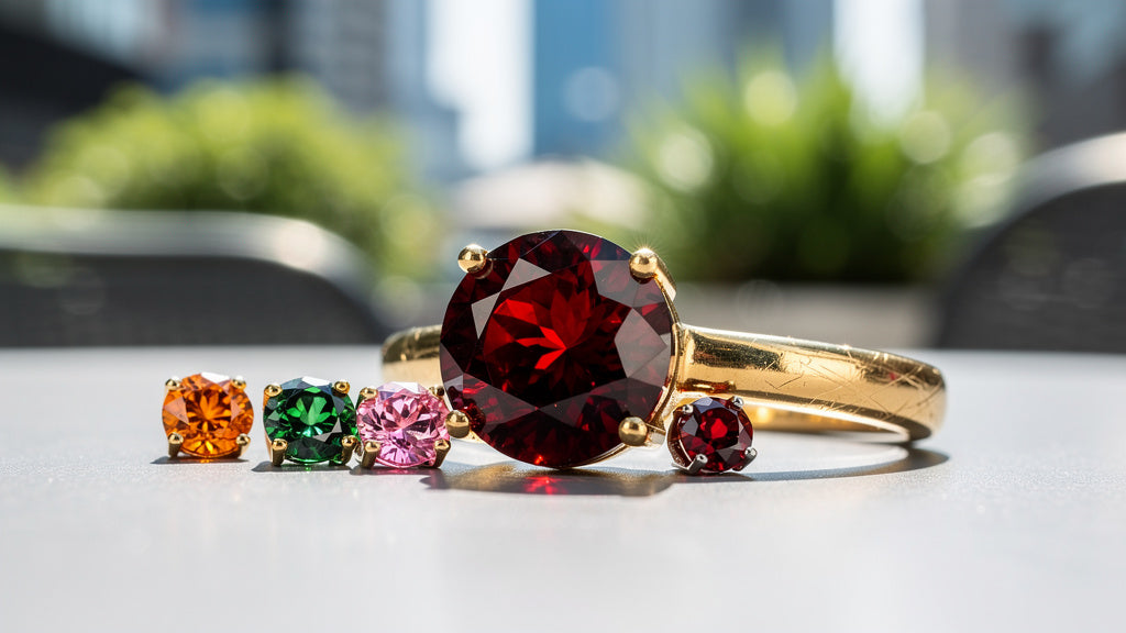 Red garnet stone with orange, green and pink garnets beside a gold ring