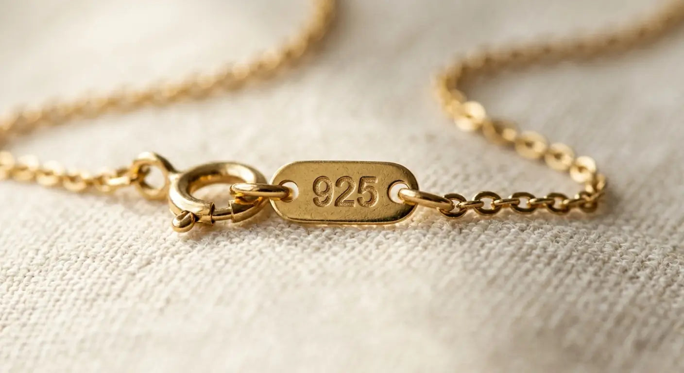 Close-up of the clasp of a gold-toned chain