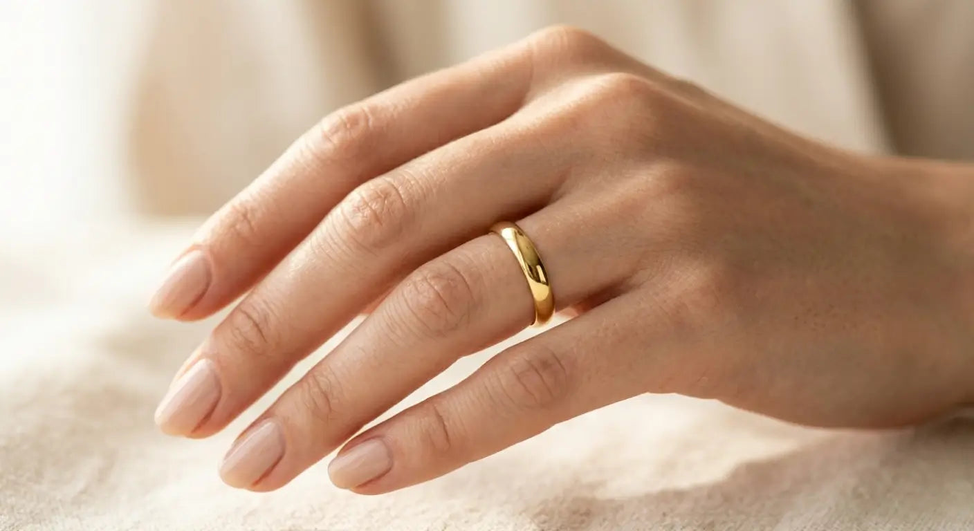 Close-up of a hand wearing a 14K gold ring on clean skin with no green discoloration