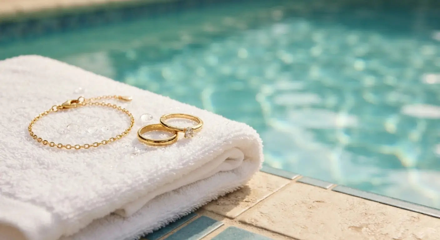 14K gold bracelet and rings on a towel by a pool, showing gold jewelry worn near water