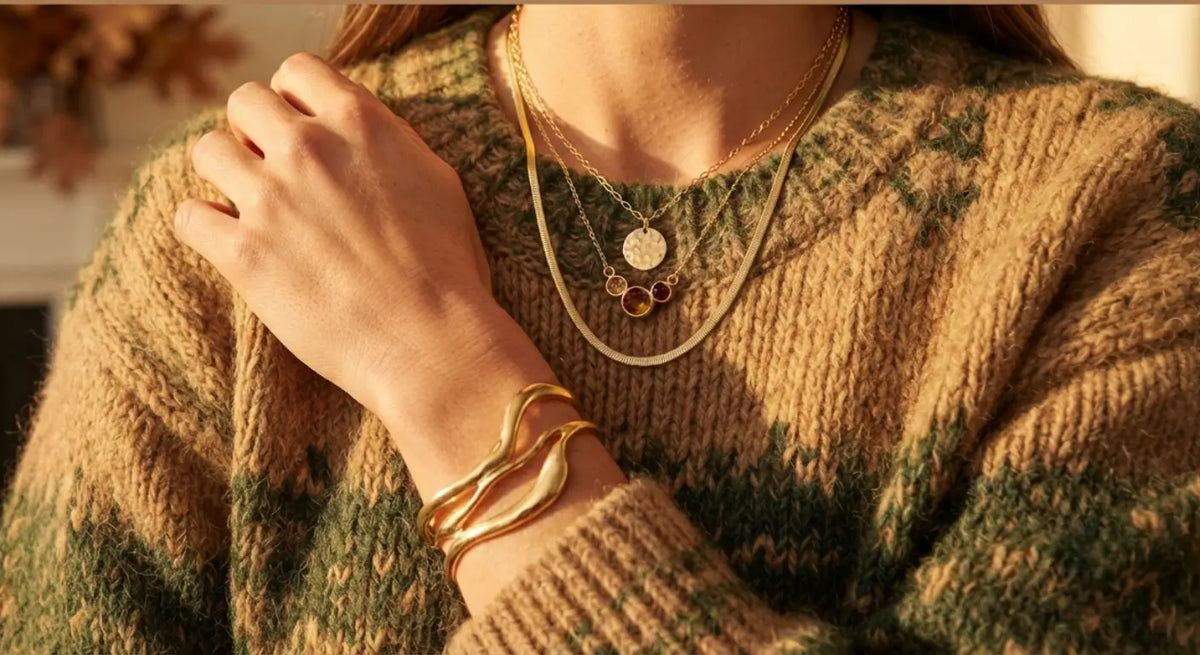 Layered 14K gold necklaces and cuff styled with an autumn knit sweater for fall