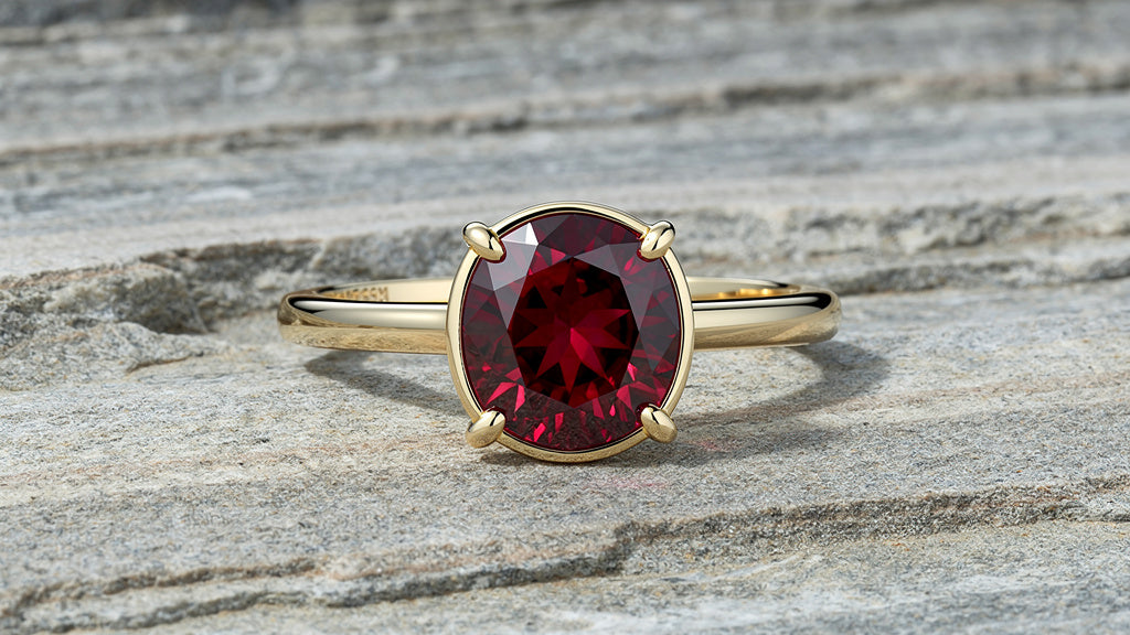 Ruby-red cubic zirconia ring representing the birthstone for July