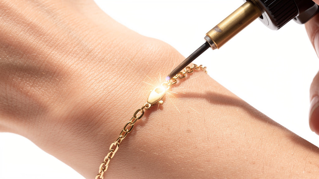 Jeweler welding a permanent bracelet chain closed on a wrist
