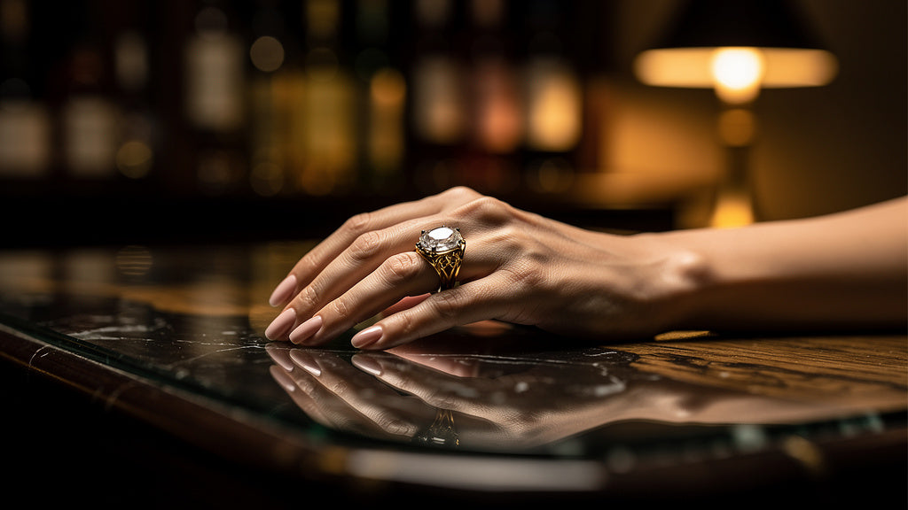 Gold ring on the engagement finger of a left hand