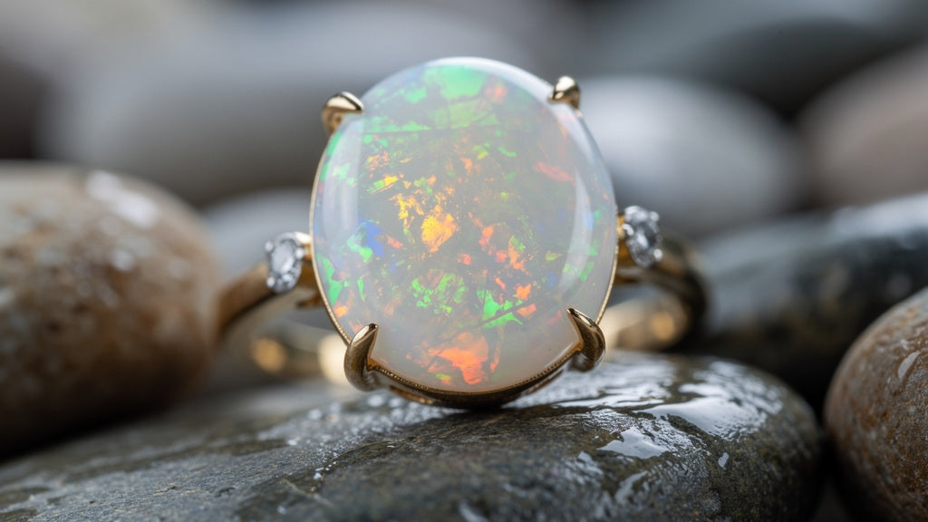 White opal cabochon ring with rainbow play-of-color, the October birthstone