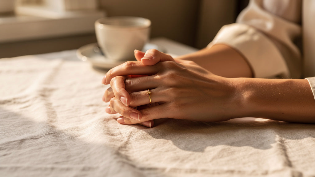 Close-up of hands wearing a delicate gold promise ring in natural light