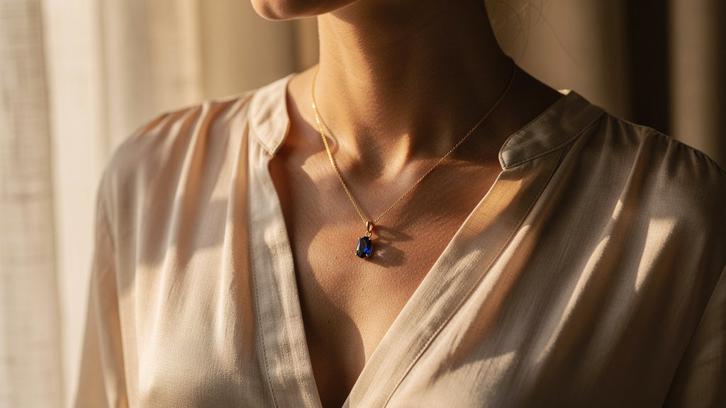 Woman wearing a gold necklace with a blue stone, the September birthstone sapphire look