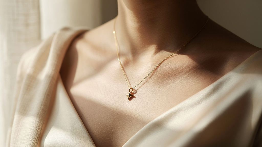 Necklace length chart guide showing a gold necklace resting at collarbone length