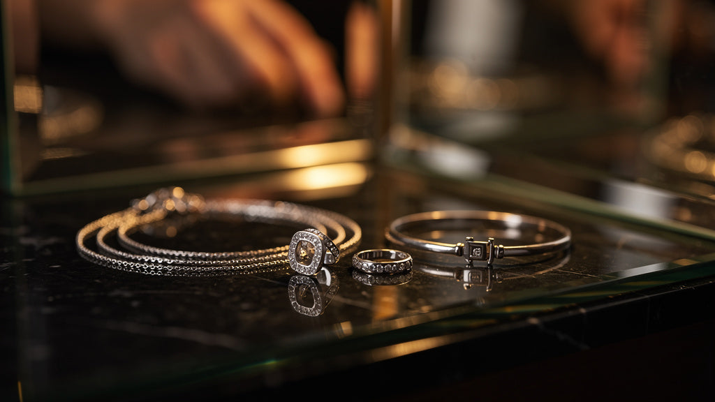 Sterling silver necklaces, rings and bracelet displayed together