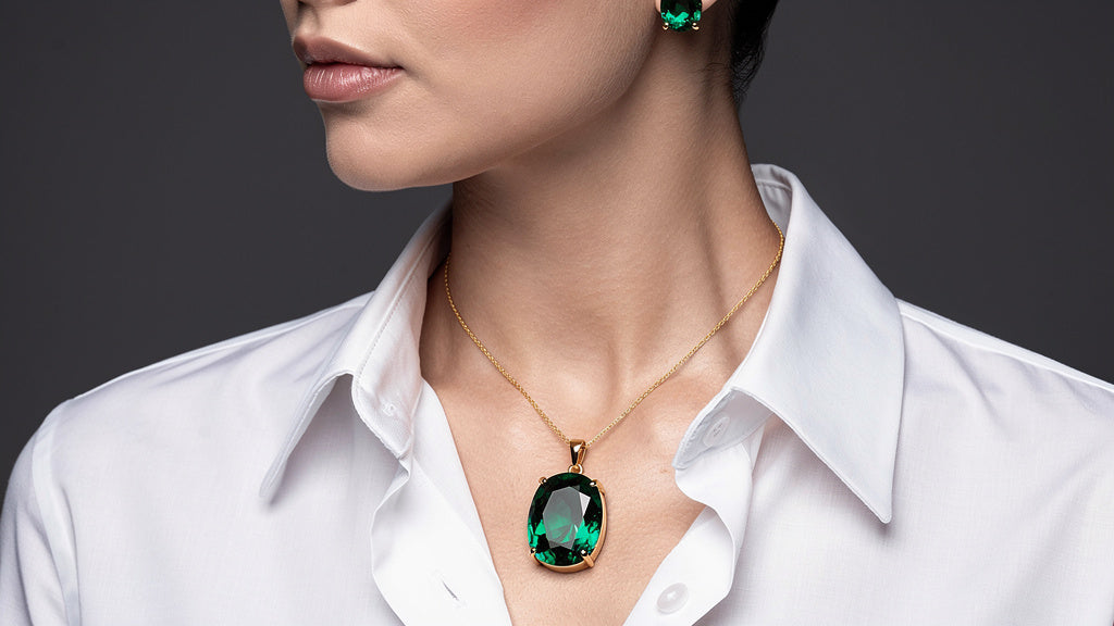 Emerald gemstone jewelry in yellow gold showing deep green stones