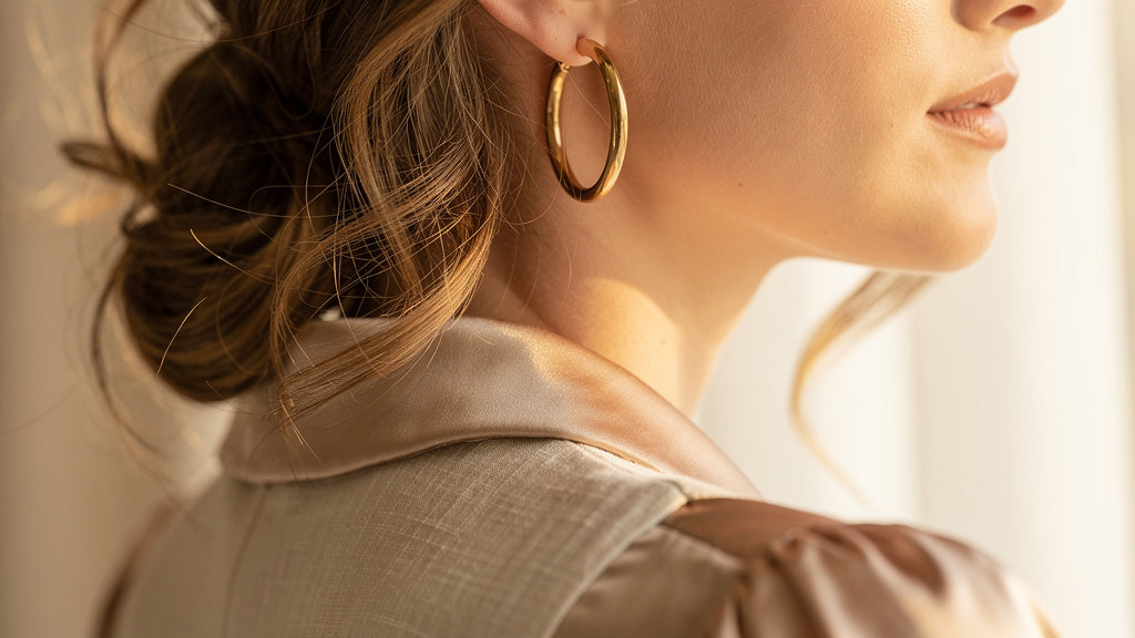 Gold hoop earrings worn on the ear showing everyday hoop earring sizes