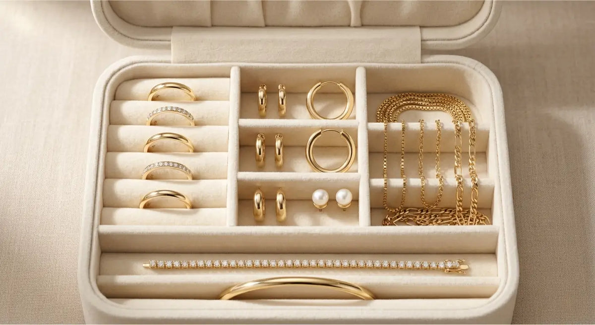 14K gold jewelry organized in lined jewelry box with separate compartments and soft pouches