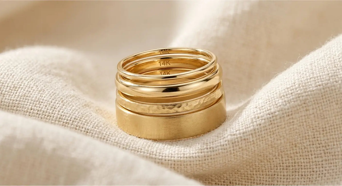 Four 14K gold rings stacked together on white linen showing rich warm yellow gold color