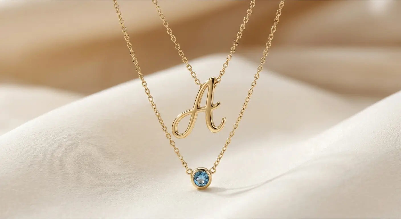Personalized 14K gold initial necklace with birthstone-inspired pendant on cream background