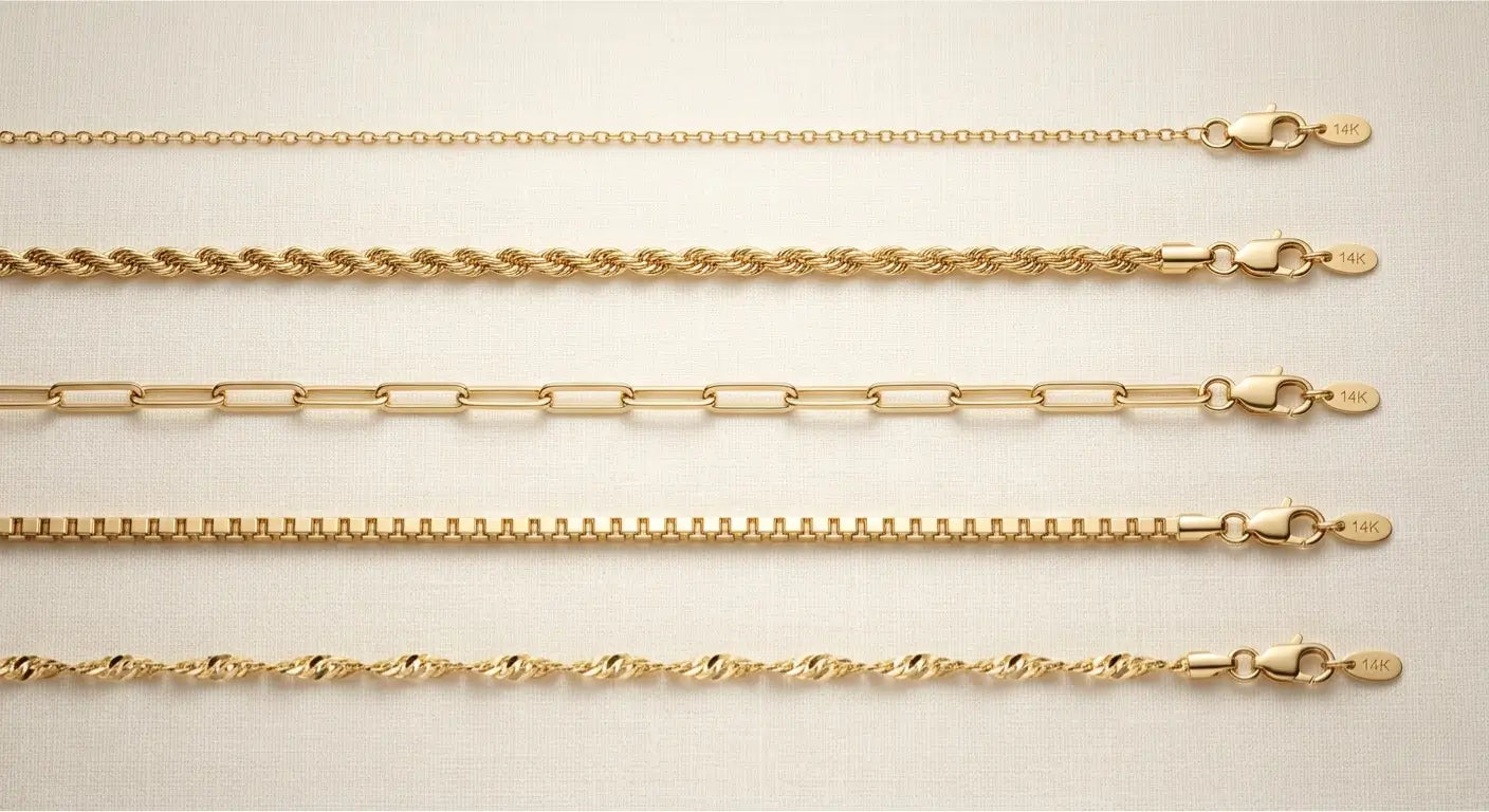Five 14K gold necklaces of varying lengths displayed on a neutral linen background
