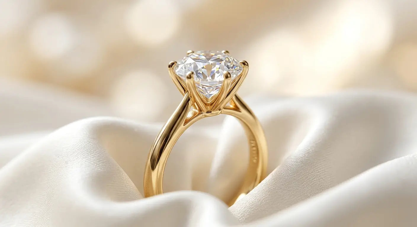 Solitaire diamond engagement ring in 14K solid gold setting on satin background