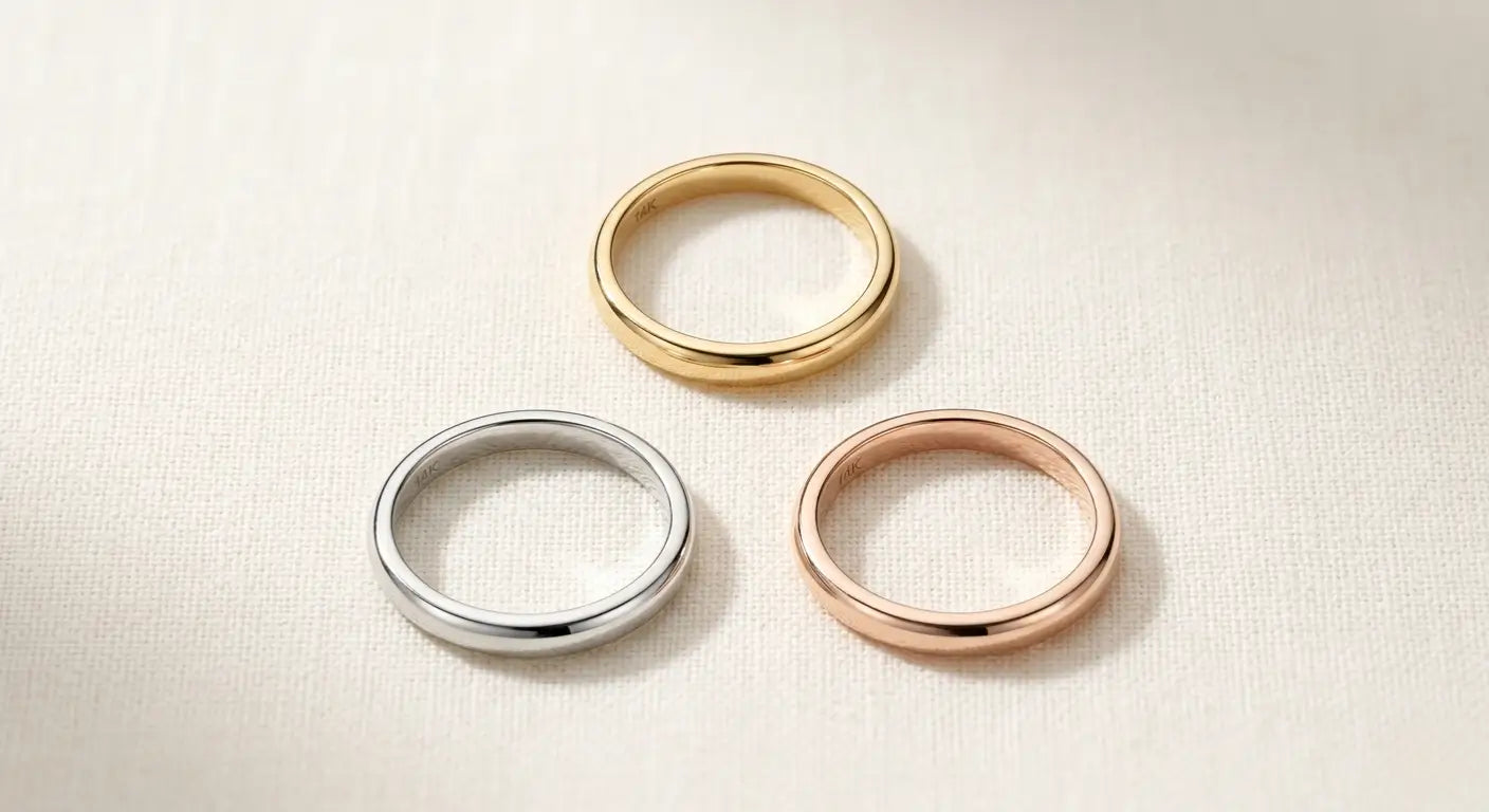 Three 14K gold wedding bands in yellow, white, and rose gold displayed on white background