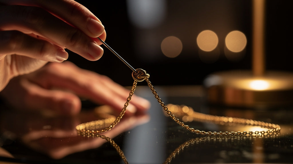 Untangling a knotted fine gold chain necklace with a pin