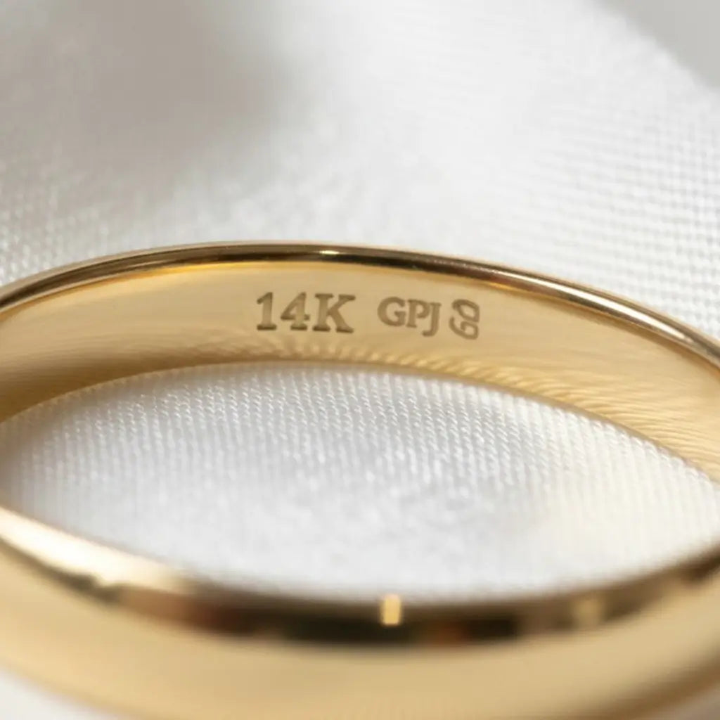 Close-up of 14K gold ring stamp inside polished gold band on white fabric