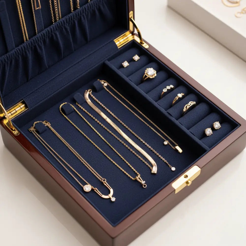 Gold necklaces, bracelets, rings, and earrings organized in a navy velvet jewelry box