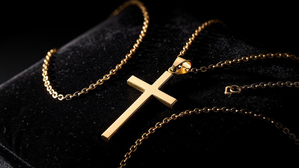 Gold cross and chain women's necklace with pendant detail visible
