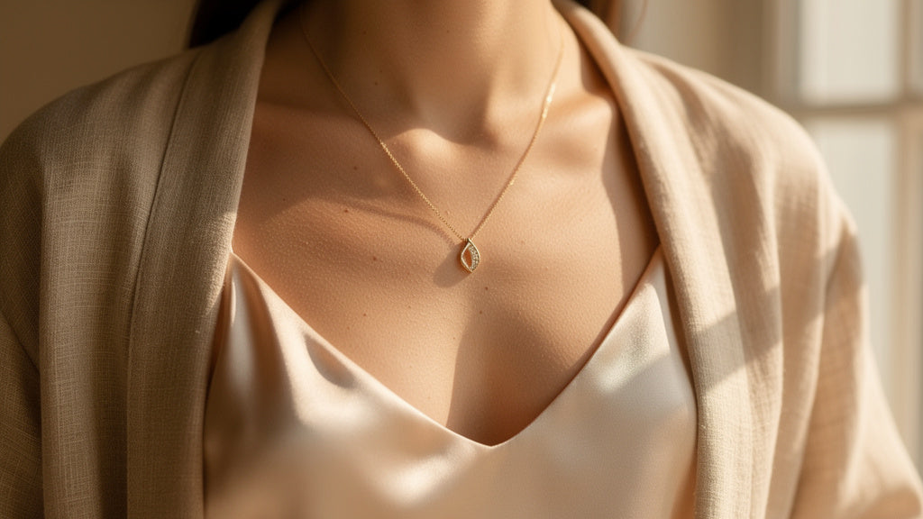 Woman wearing a delicate cross necklace for women at her collarbone in natural light