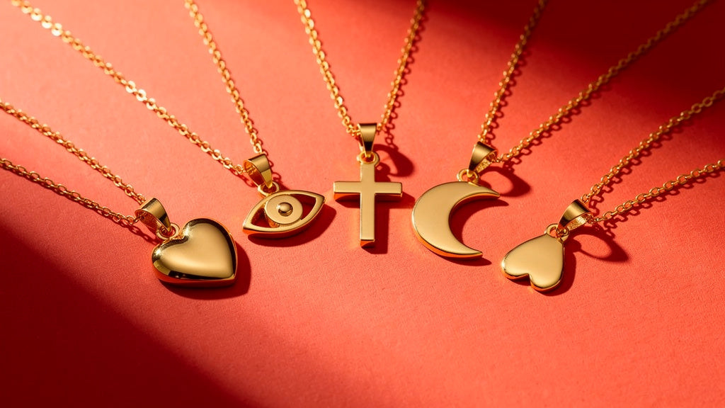 Symbolic gold pendant necklaces: heart, evil eye, cross, moon and initial charms
