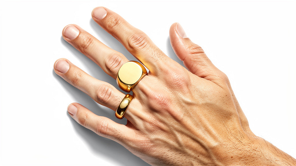 Man's hand showing gold rings on different fingers