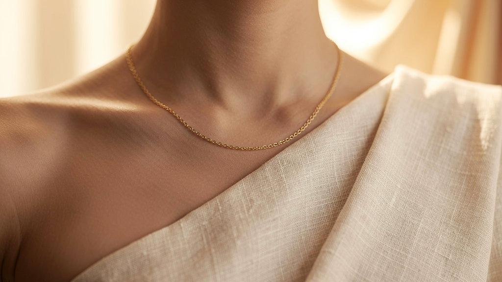 Woman wearing a delicate gold necklace chain in soft natural light