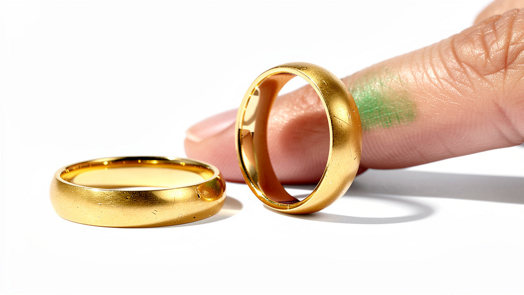 Gold-plated ring next to a faint green mark on skin, compared with a solid 14k gold ring