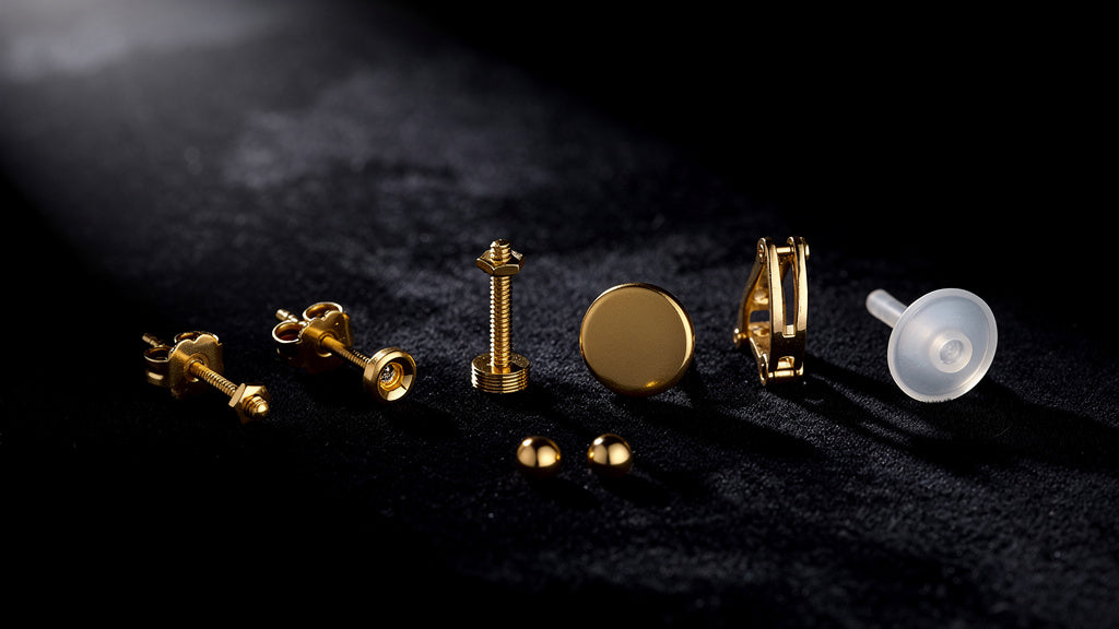 Different earring backs types shown next to gold stud earrings