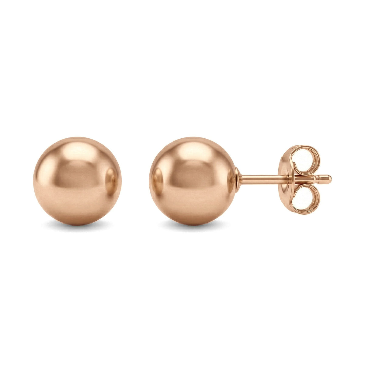 14K rose gold ball stud earrings, pair shown front and side with post and butterfly back