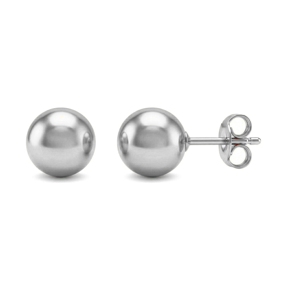 14K white gold ball stud earrings, pair shown front and side with post and butterfly back